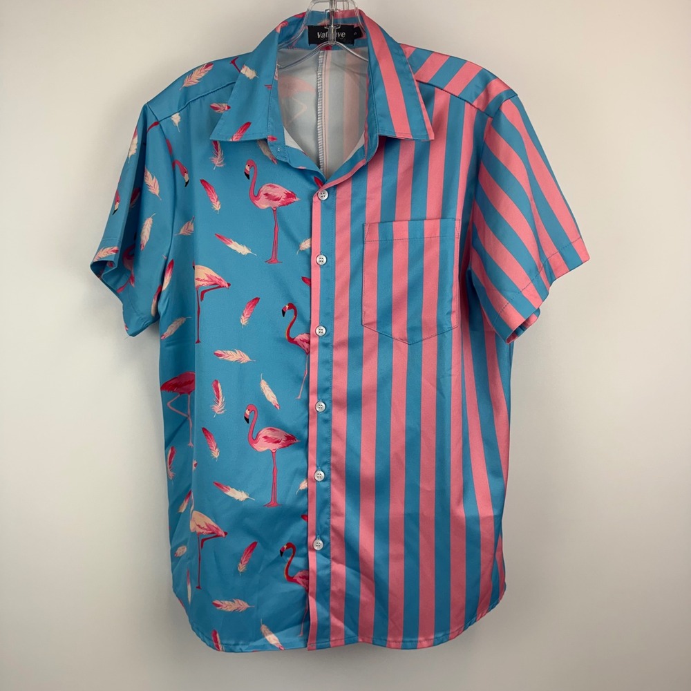 Vatpave Mens Flamingo Stripe Matching Set Blue Pink Summer Beach Outfit Small - Picture 2 of 14